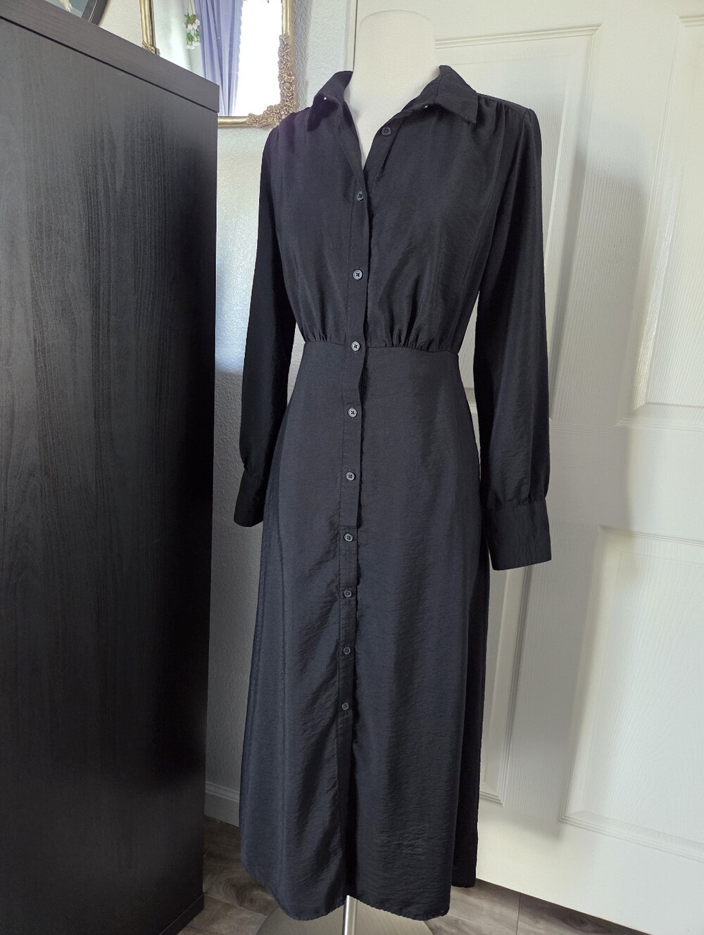 Black Long Sleeve Button Front Shirt Dress Long Maxi Length